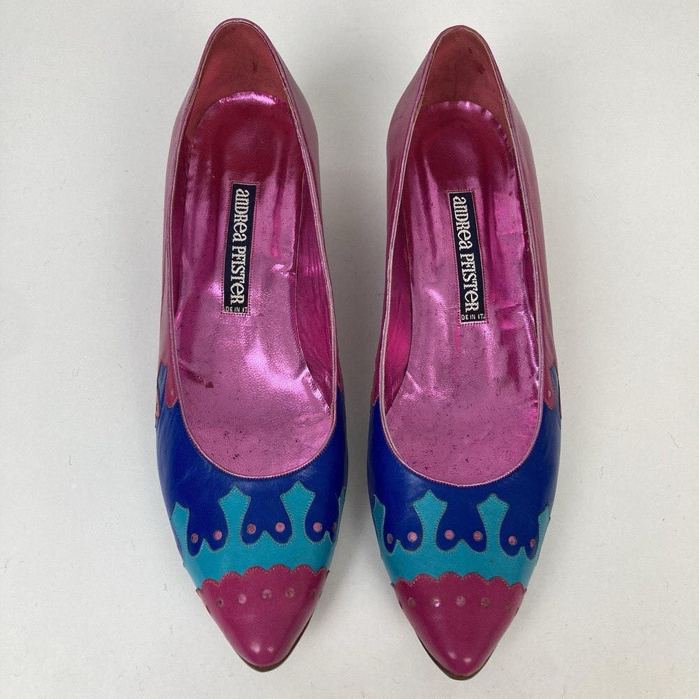 Vintage VTG NEW Andrea Pfister Pink Blue Teal Low Heel Wedge Ballet Flats Sz‎ 8